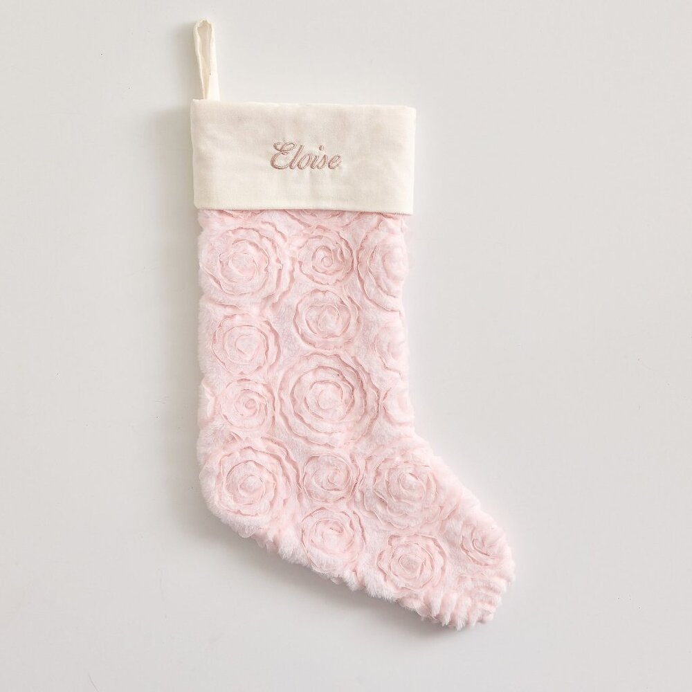 LoveShackFancy Faux Fur Rosettes Stocking Pink Rose Floral Christmas Holiday NWT